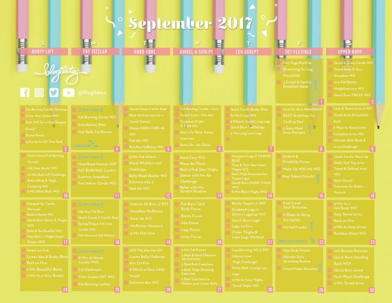 September Workout Calendar! Blogilates Fitness, Food, and lots of