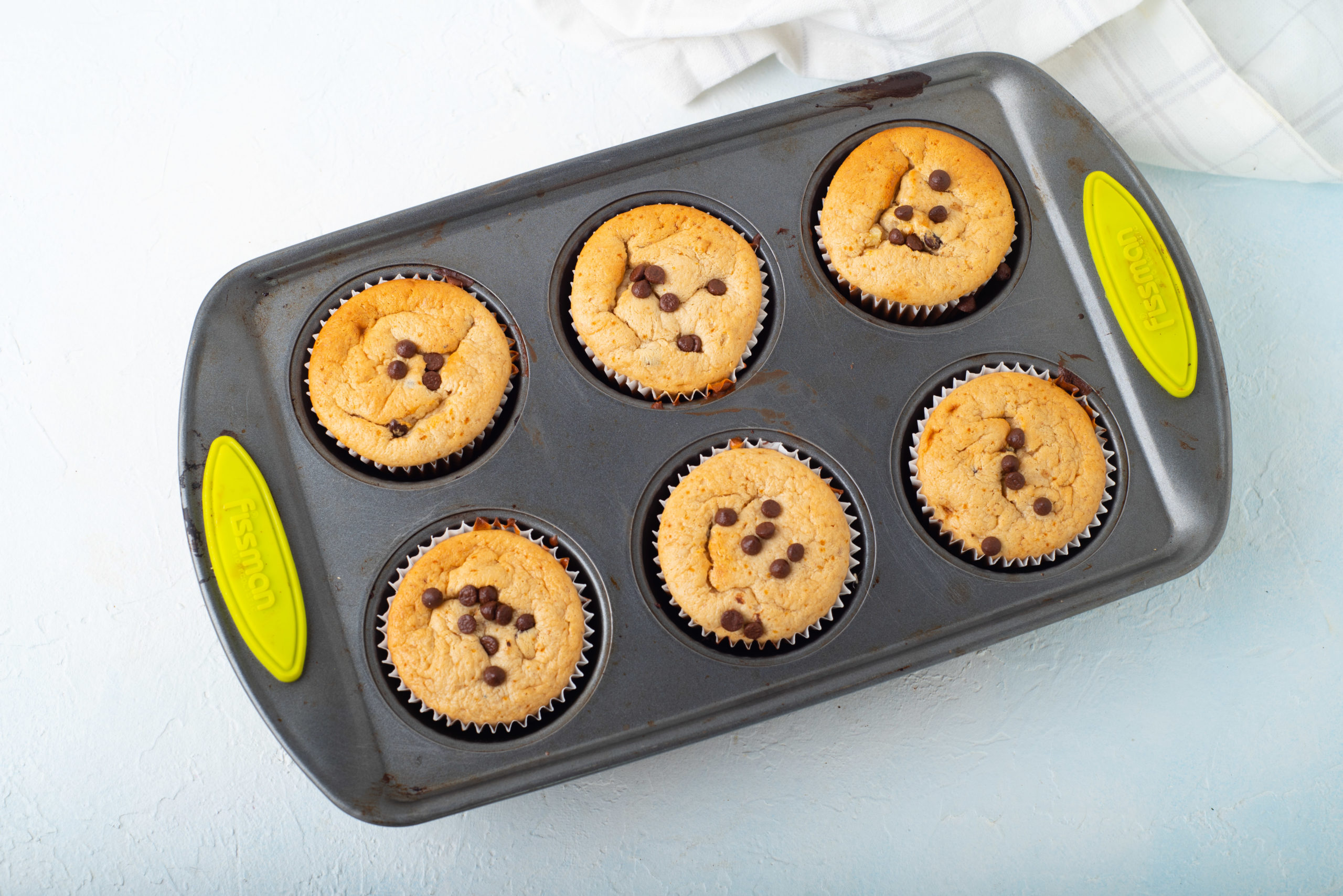 6 flourless blender muffins in pan with chocolate chips gluten free grain free recipe blogilates
