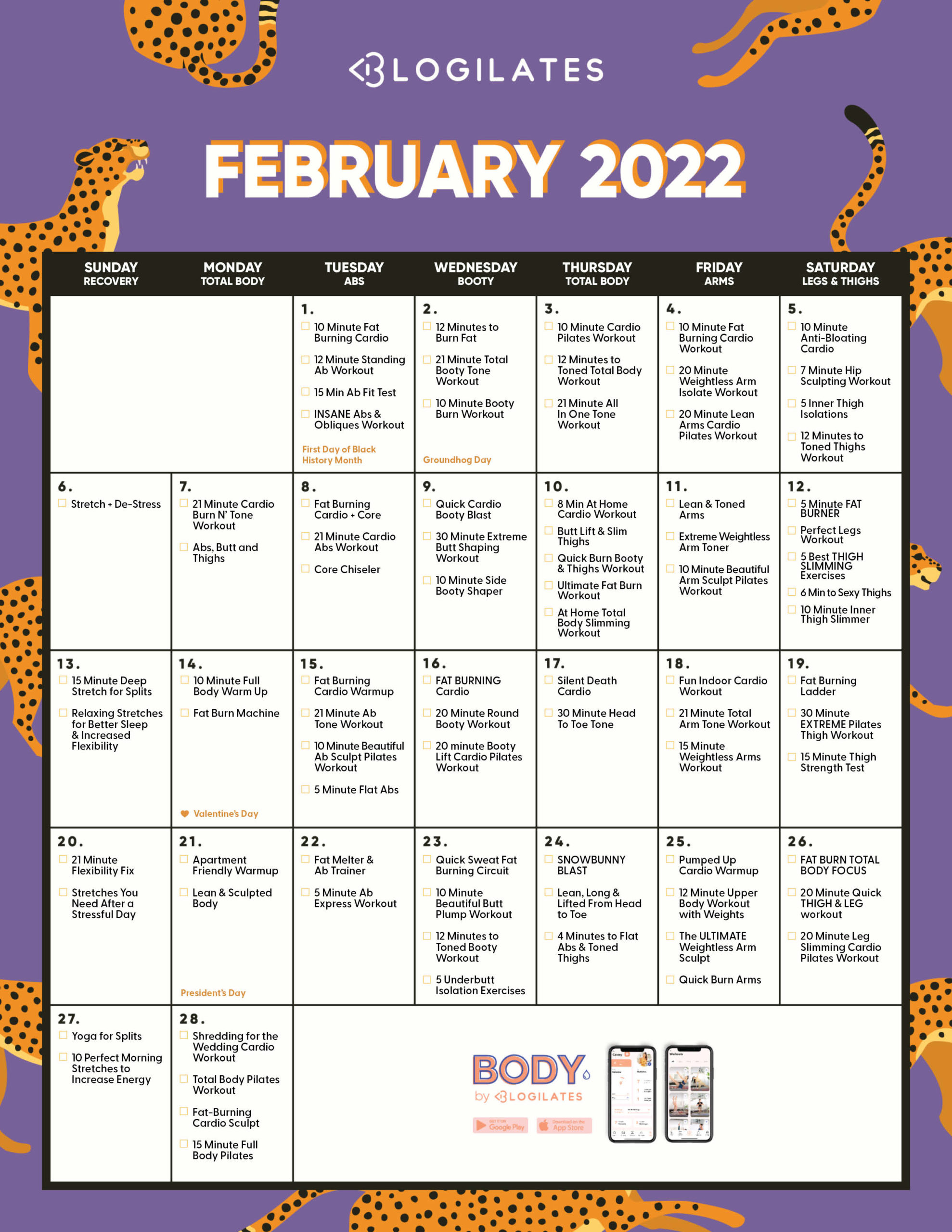 The Blogilates February 2022 Workout Calendar!