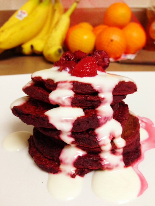 red velvet pancake stack