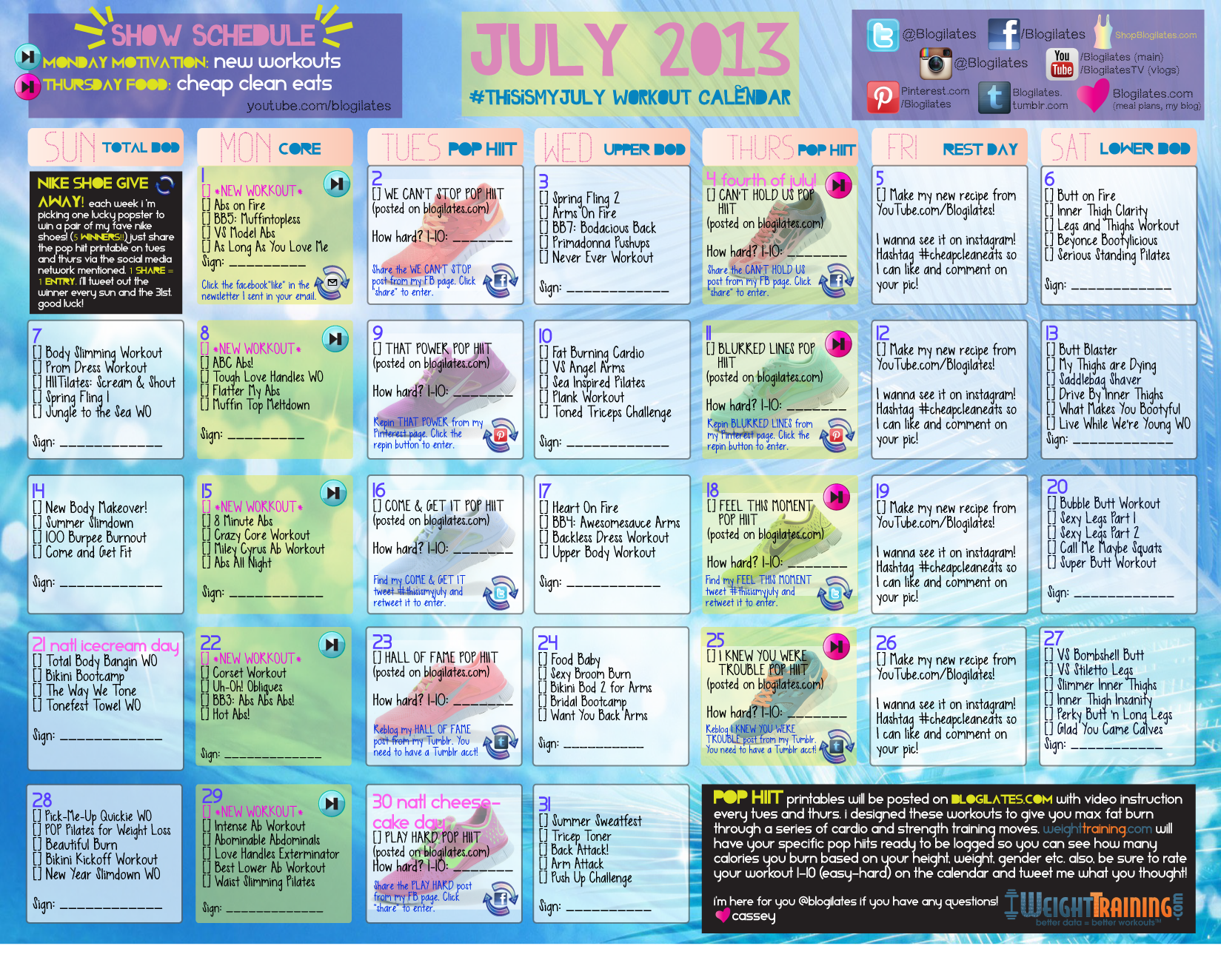 july 2013 workout calendar