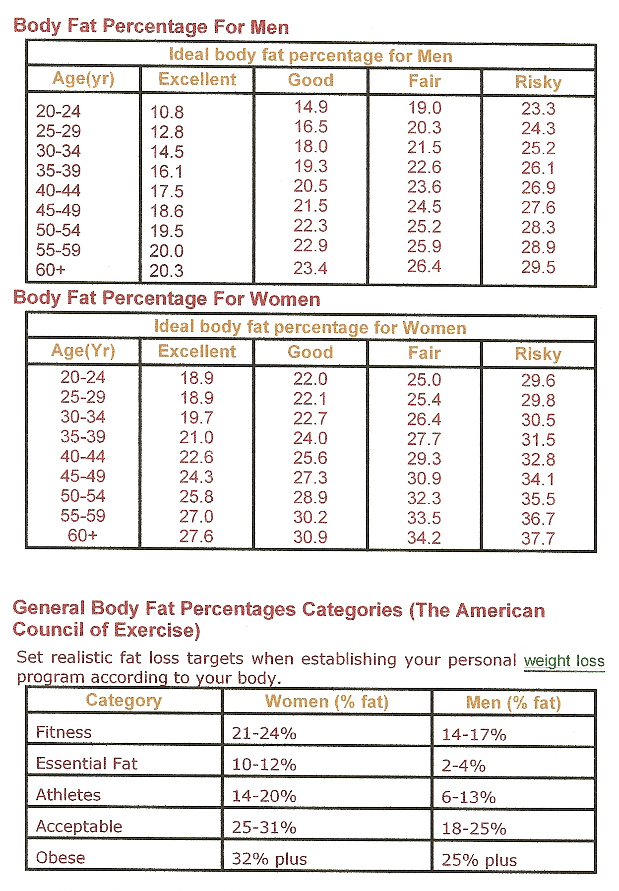 Fat Loss Exercise Chart