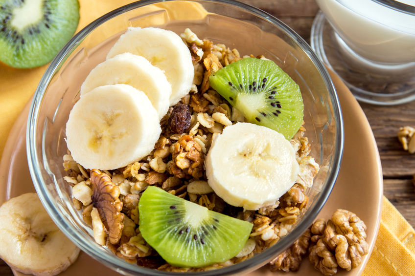 52691071 - homemade granola with fruits (banana, kiwi) and nuts for healthy breakfast