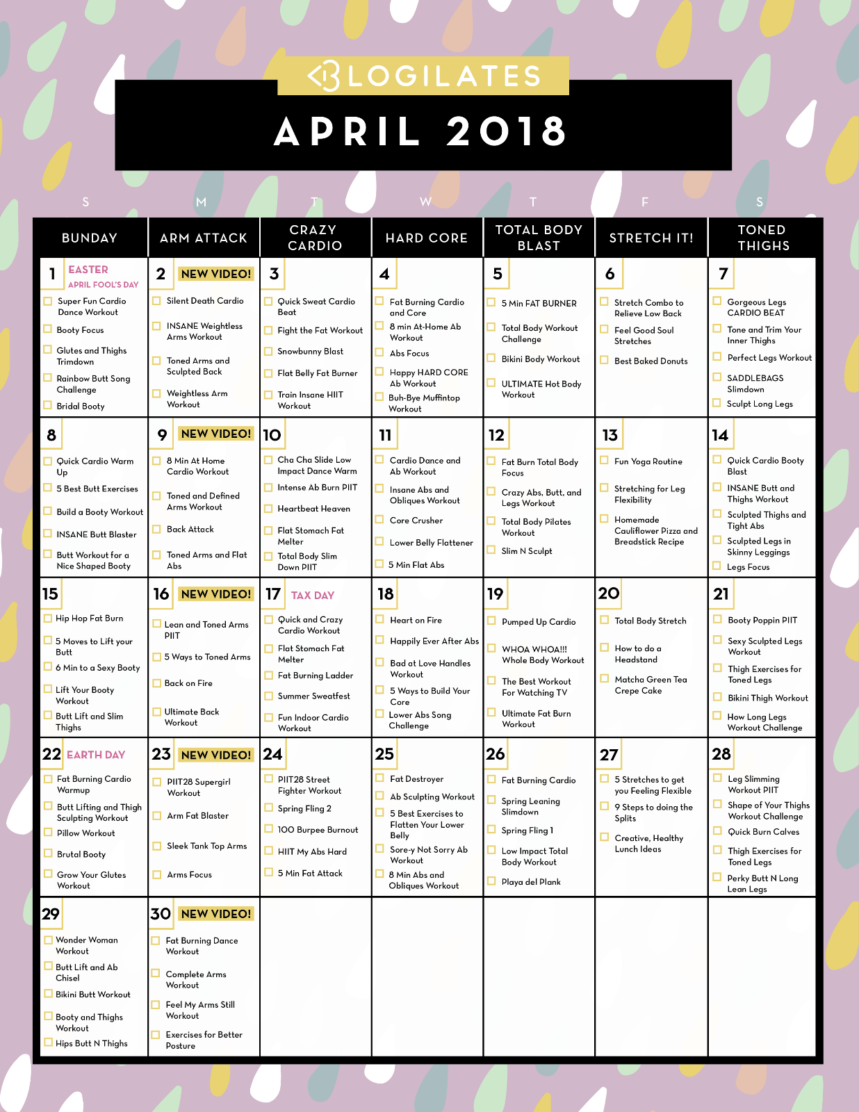 April 2018 Workout Calendar! Blogilates