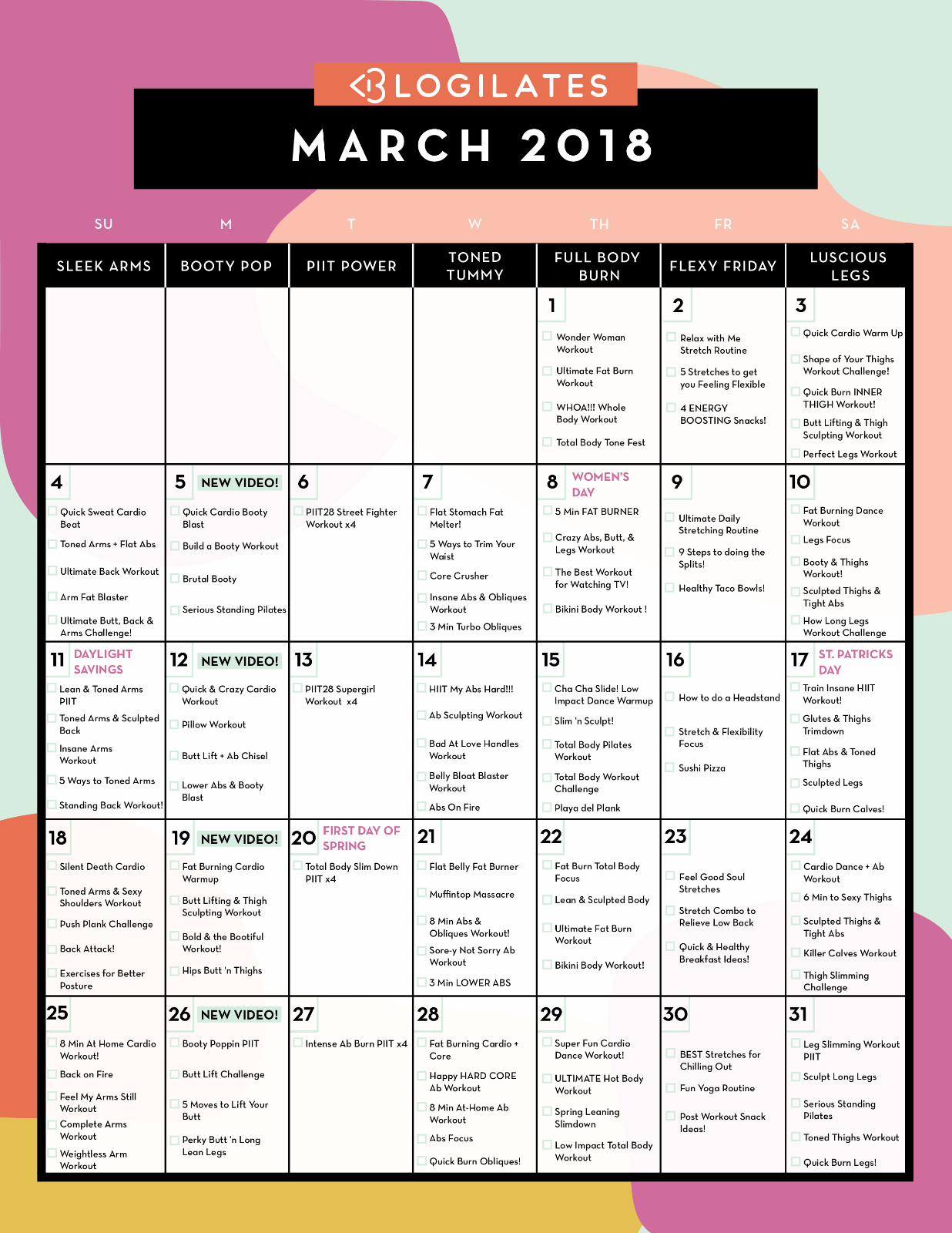 30 Minute Printable Workout Calendar 2019 for Beginner