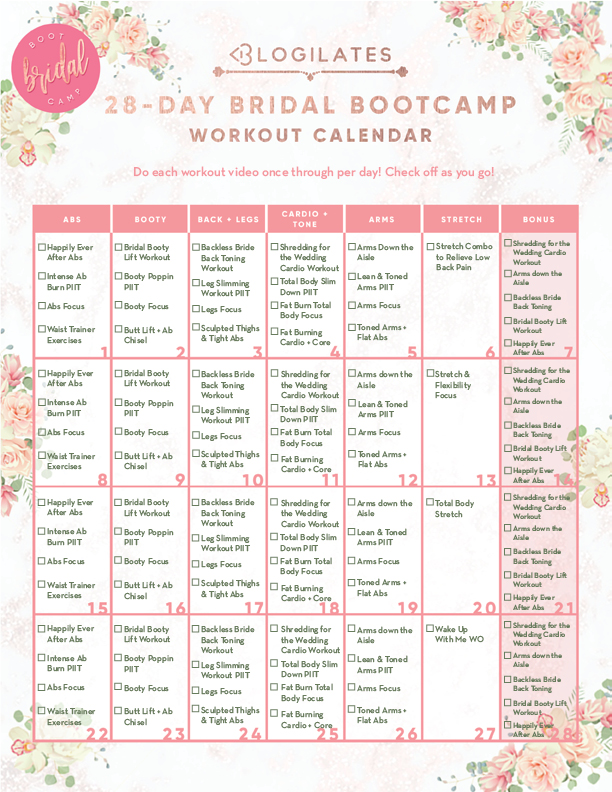 28 Day Bridal Bootcamp Workout Calendar Blogilates