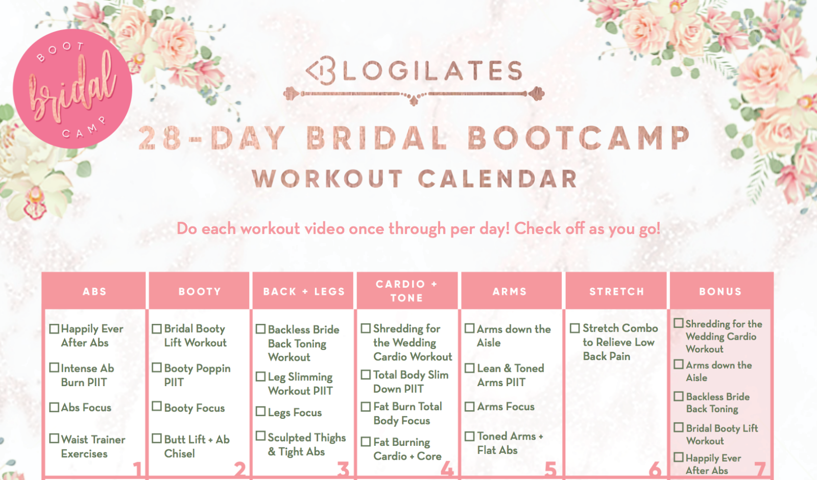 28 Day Bridal Bootcamp Workout Calendar Blogilates