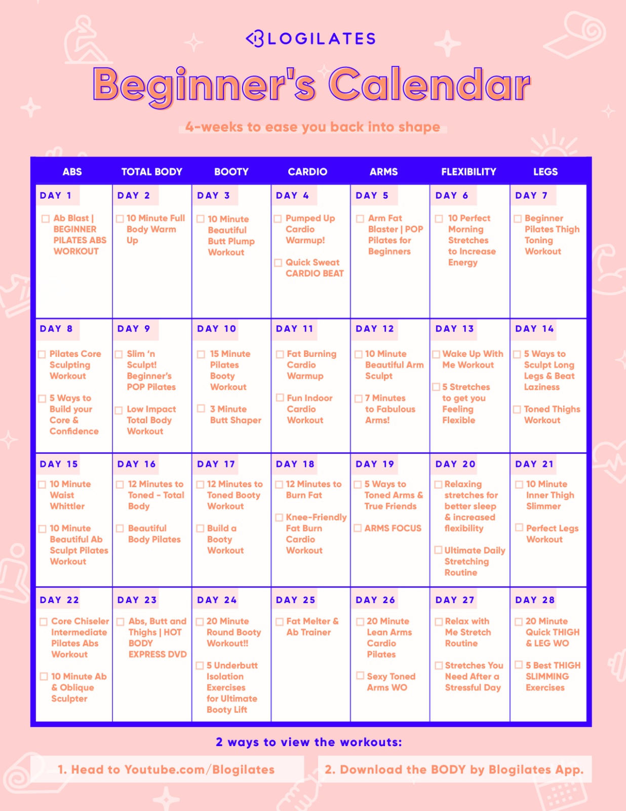 A 28 Day Workout Calendar For Beginners Blogilates