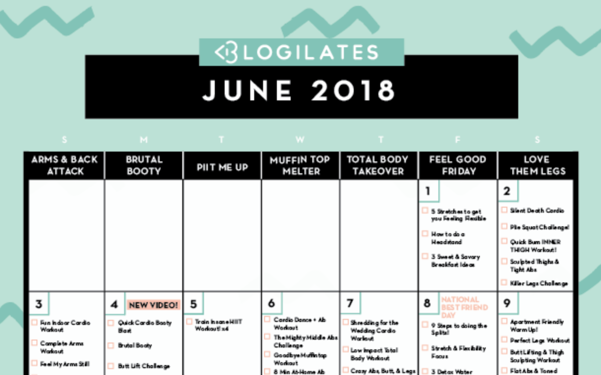 Your June 2018 Workout Calendar! Blogilates