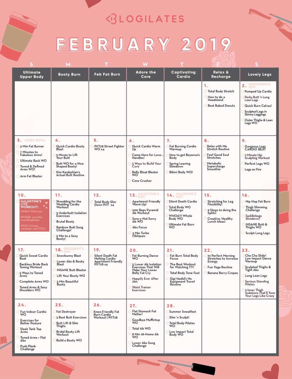 Simple Workout Calendar Printable 2019 with Comfort Workout Clothes