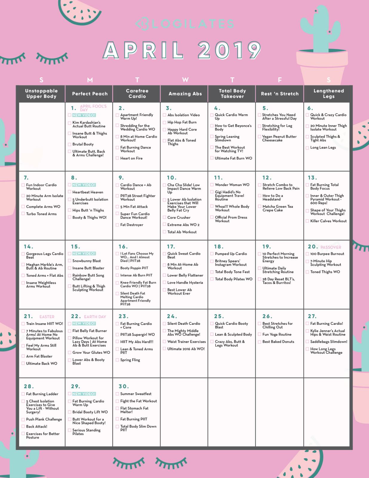 Your April Workout Calendar Blogilates blogilates april 2021 calendar