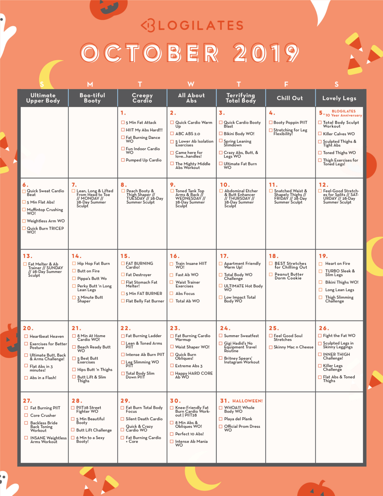 Your October Workout Calendar! 46 of 90 Blogilates