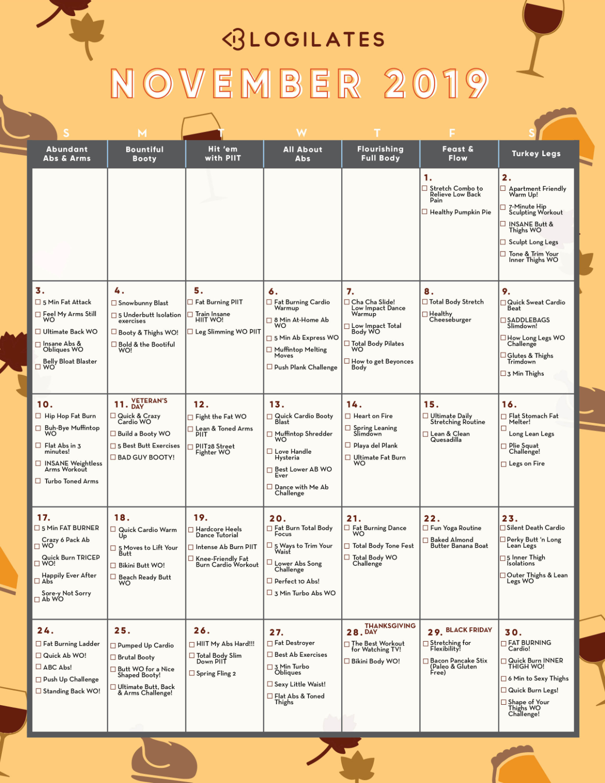 blogilates november 2021 calendar Your November Workout Calendar 77 Of 90 Blogilates blogilates november 2021 calendar