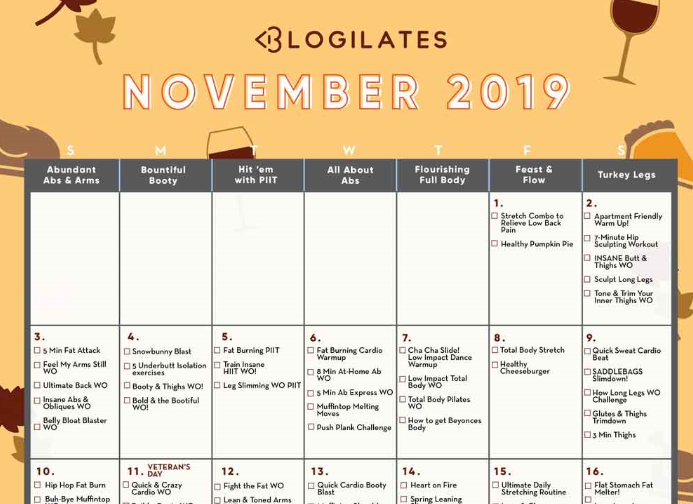 blogilates november 2021 calendar Your November Workout Calendar 77 Of 90 Blogilates blogilates november 2021 calendar
