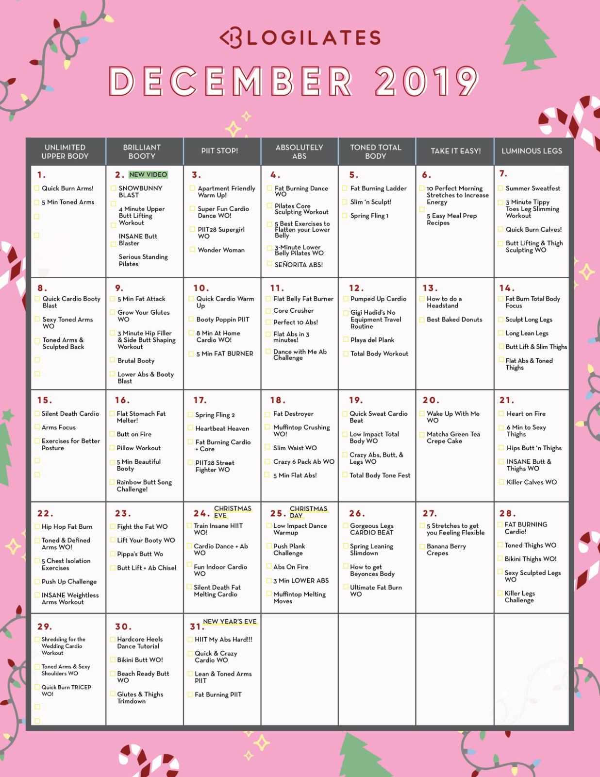 December Workout Calendar + Thanksgiving Recap Blogilates