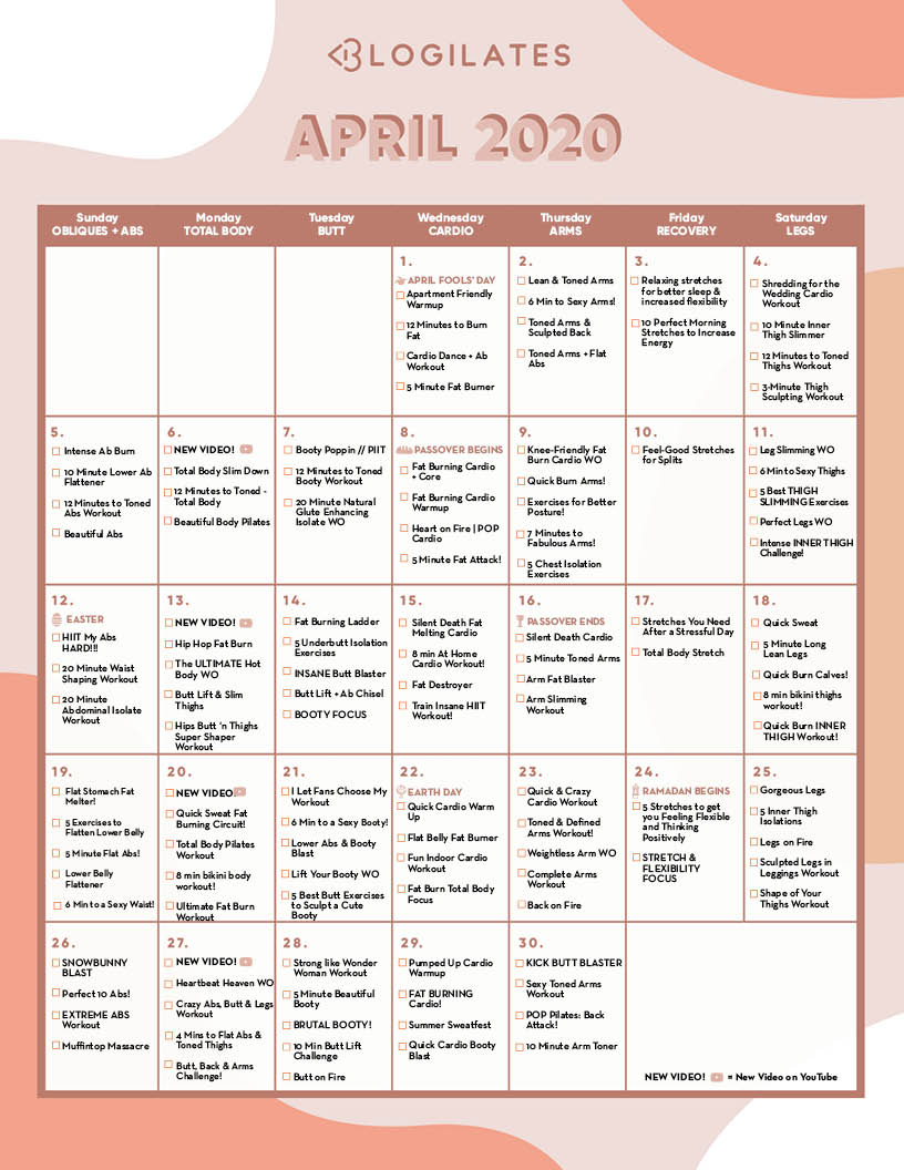 Blogilates april 2020 workout calendar small