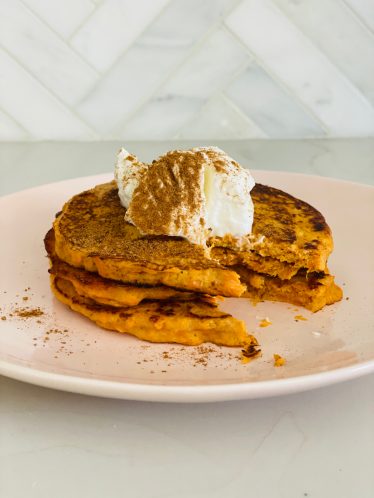 blogilates easy healthy recipe sweet potato pancake stack with greek yogurt and cinnamon