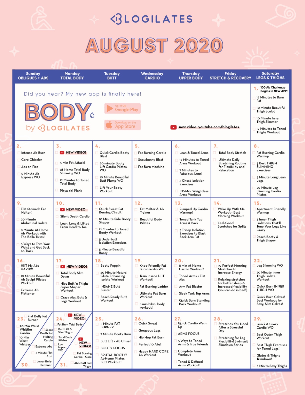Blogilates Beginner Calendar Printable 2024 CALENDAR PRINTABLE