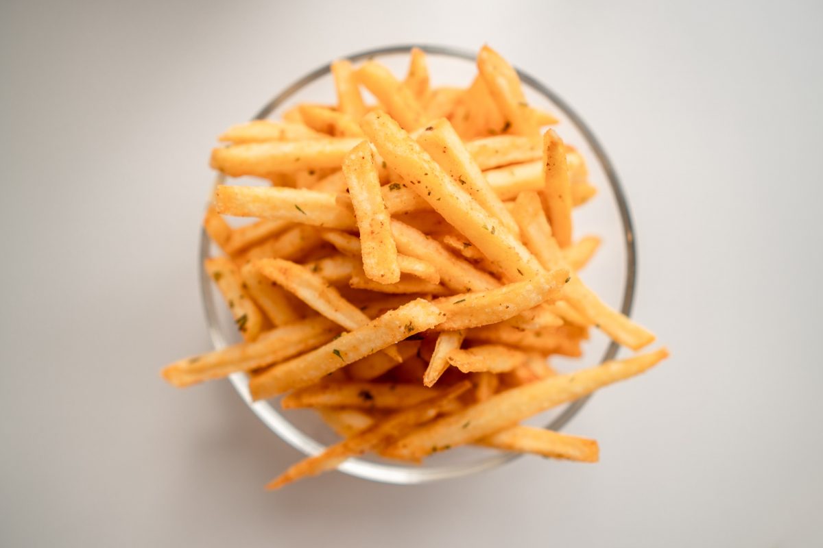 glass bowl of french fries