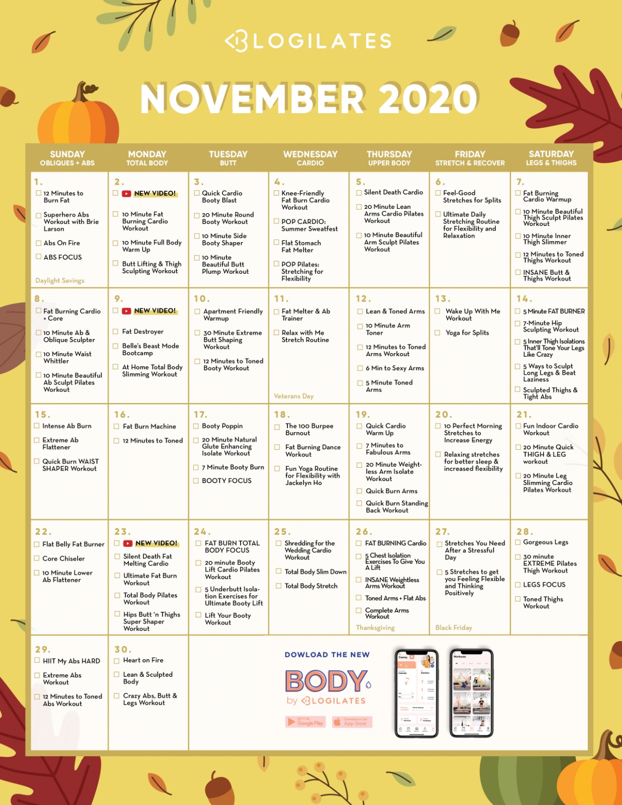 The Blogilates November 2020 Workout Calendar Blogilates