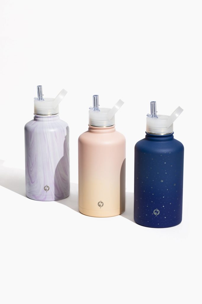 popflex active 64 oz water bottles in lavender marble, sunset, and starry blogilates
