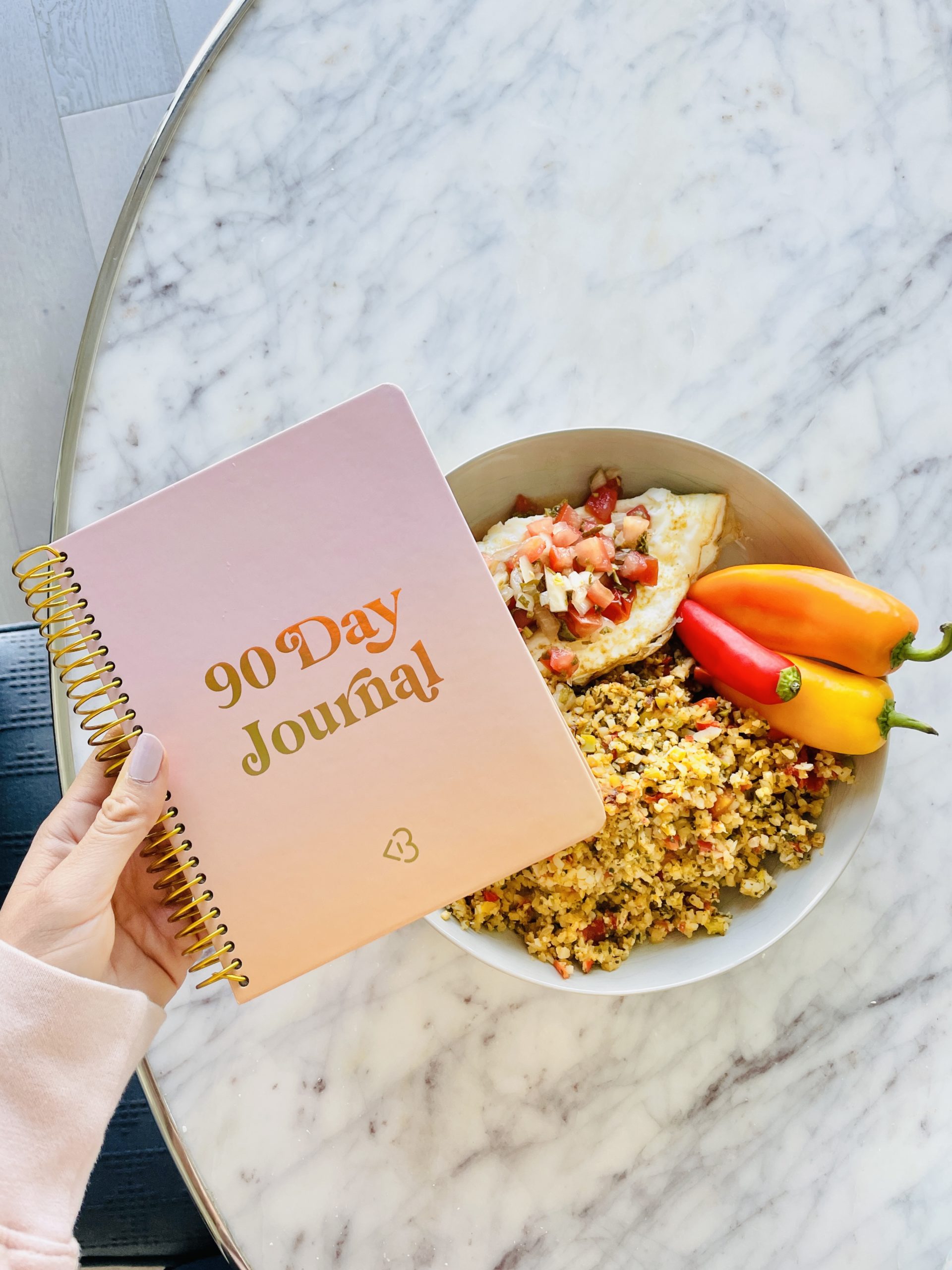 90 day journey meal plan bowl with cauliflower rice and peppers and journal cassey ho blogilates