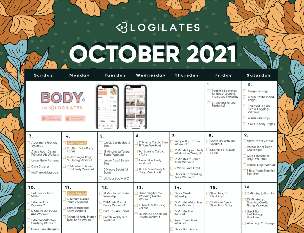 Blogilates October 2021 Workout Calendar