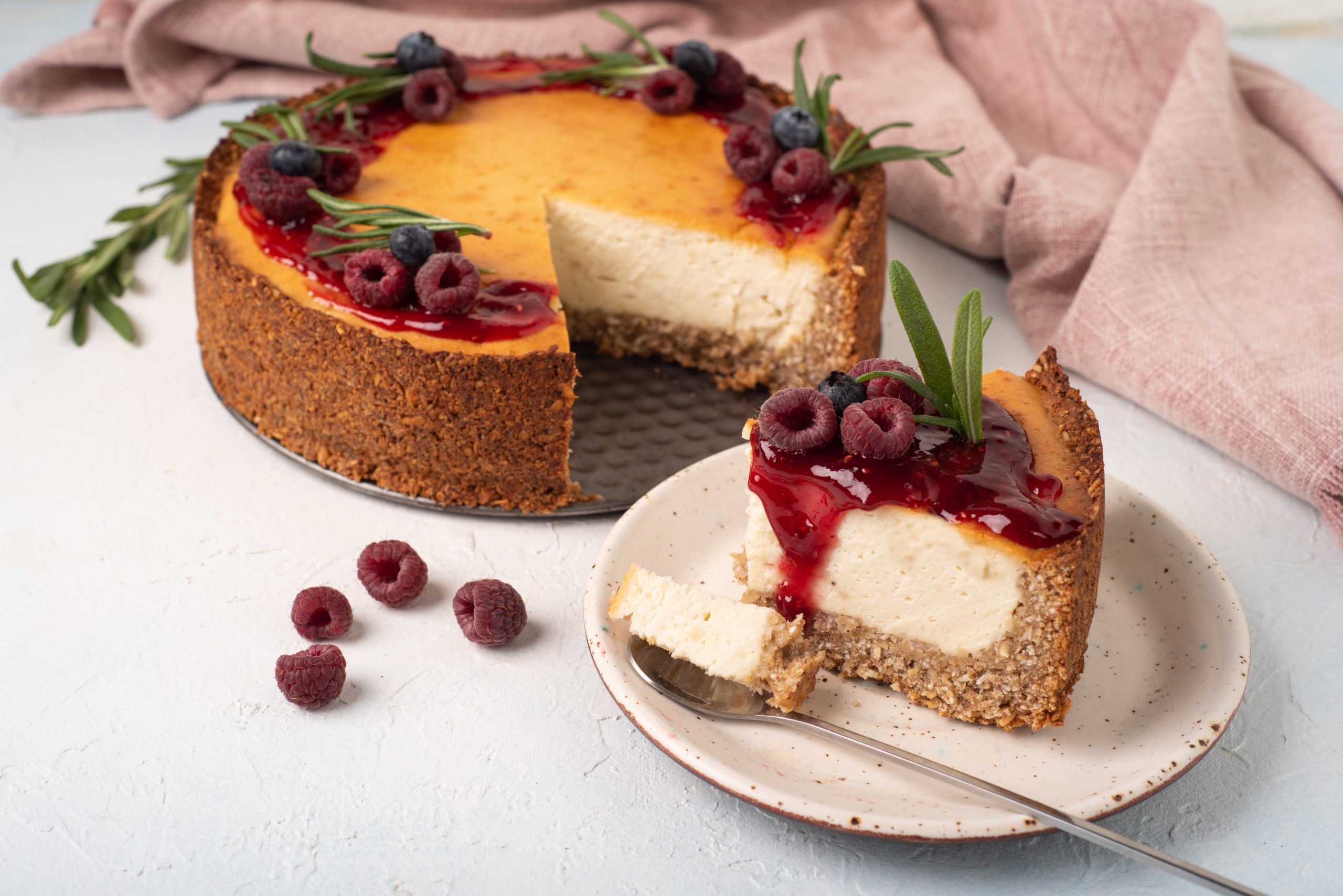 slice of tofu cheesecake topped with berries