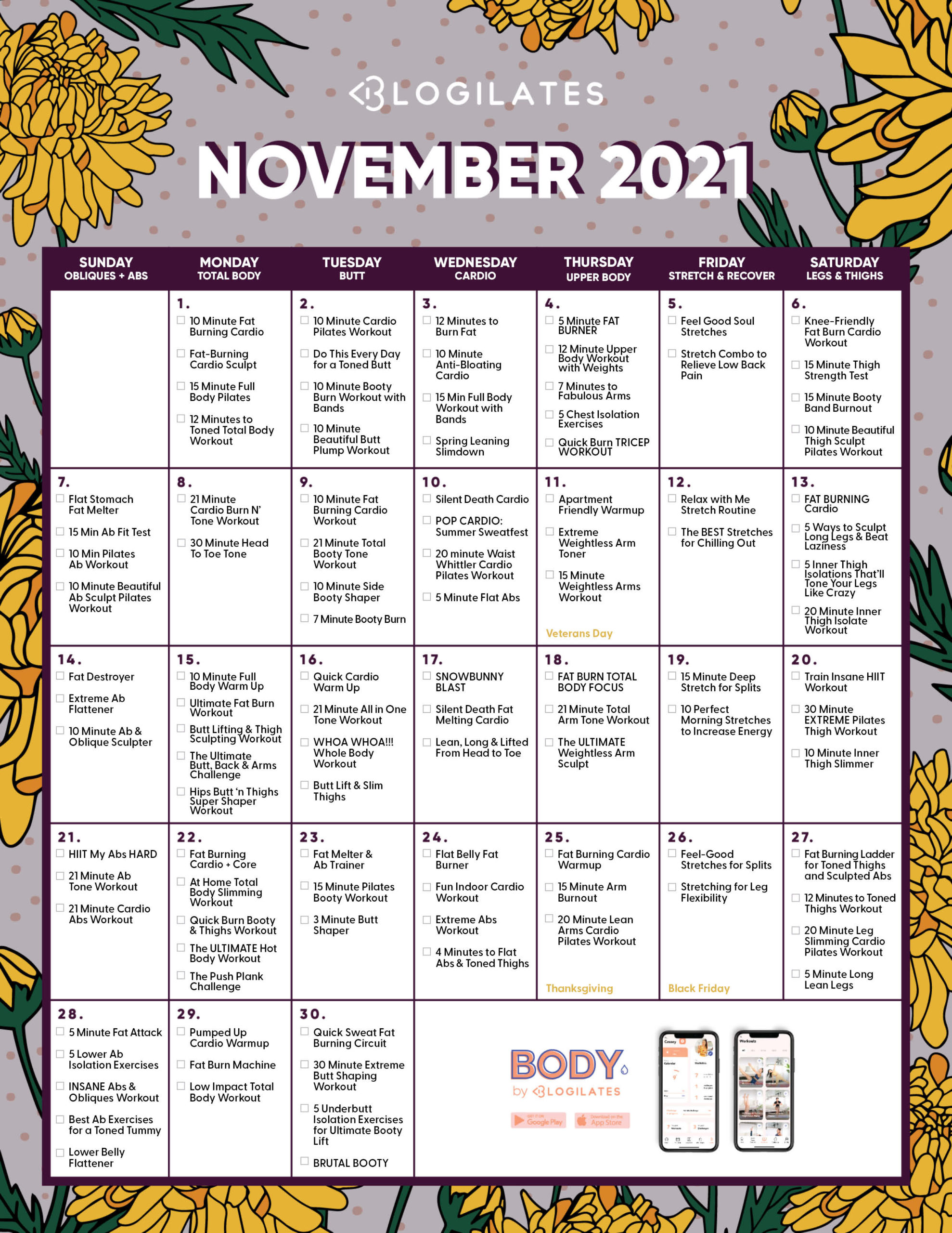 Blogilates November 2021 Monthly Workout Calendar