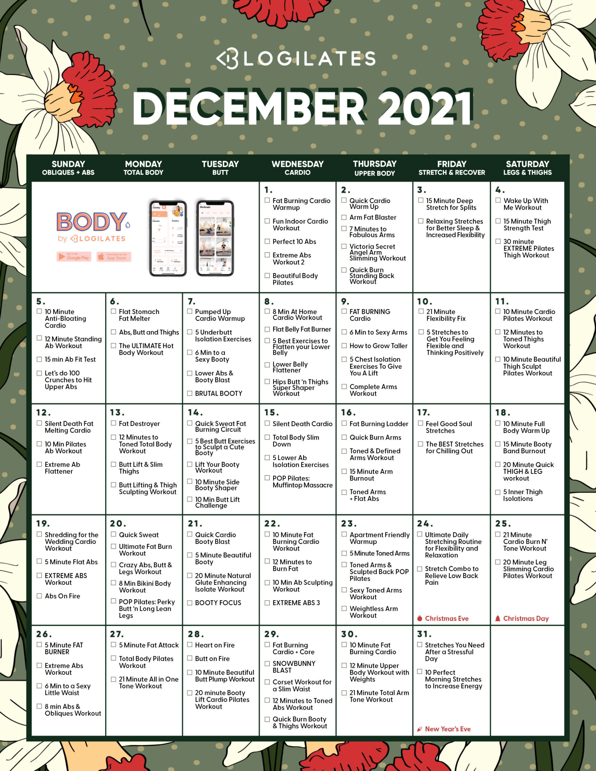 Blogilates December 2021 Monthly Workout Calendar