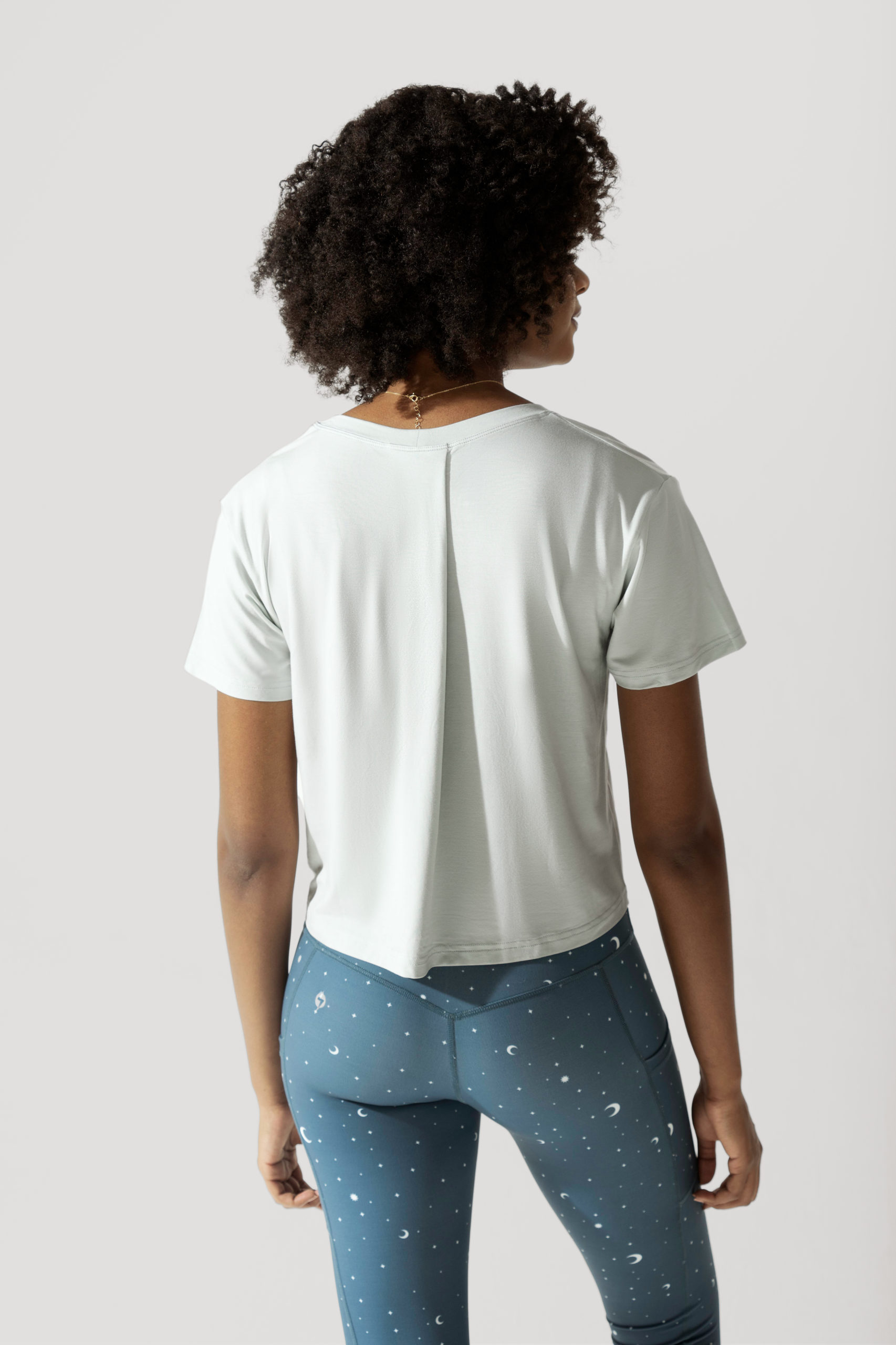 popflex active morning tee dew back view with ultimate hourglass leggings pocket teal constellation