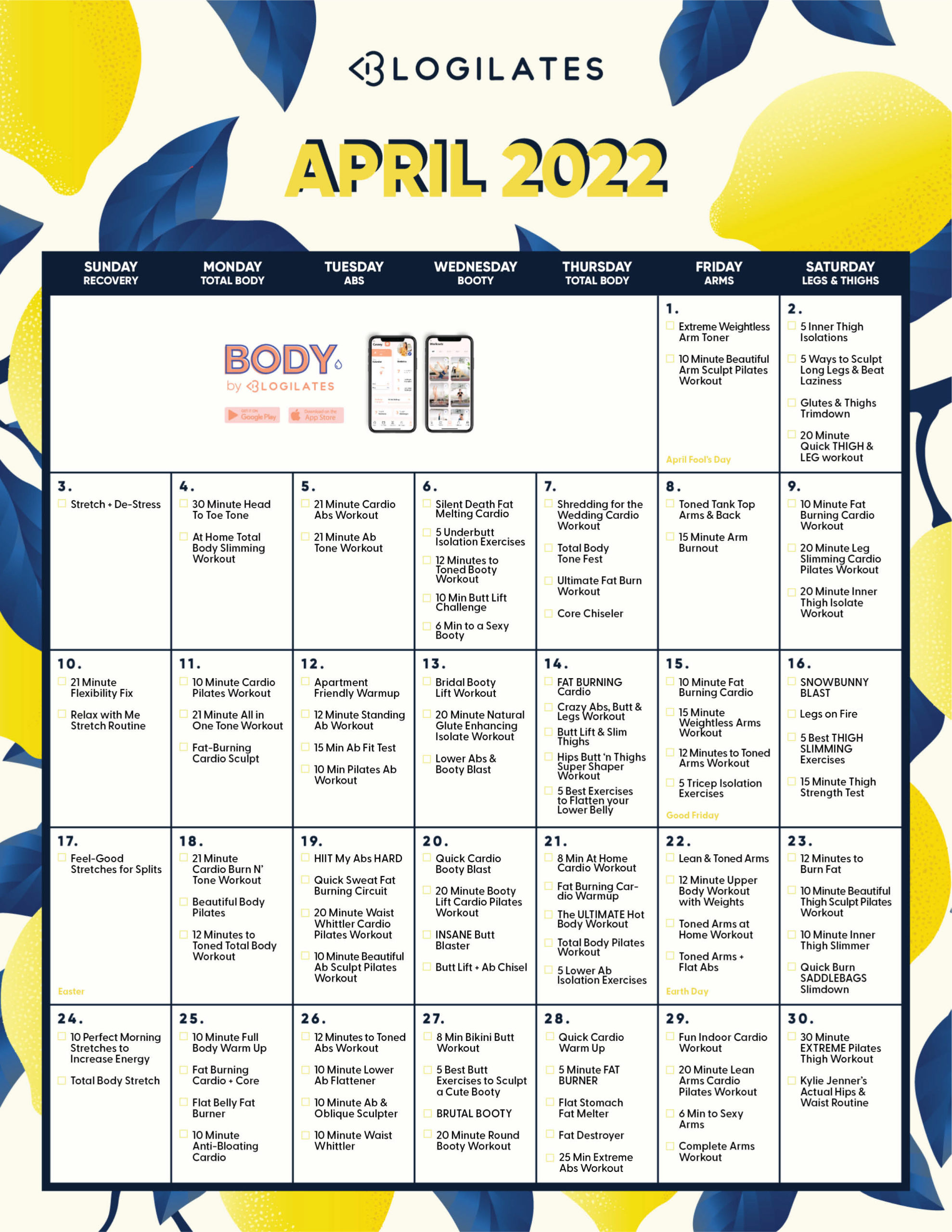 The Blogilates April 2022 Workout Calendar!