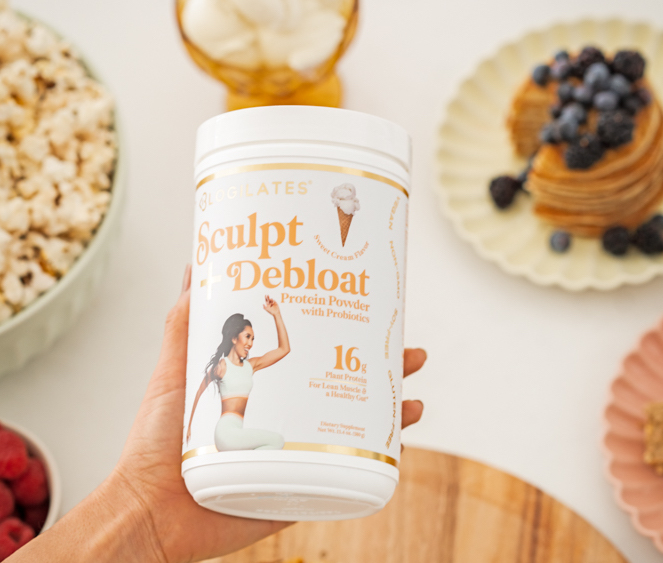 blogilates nutrition target cassey hosculpt + debloat protein powder with probiotics sweet cream