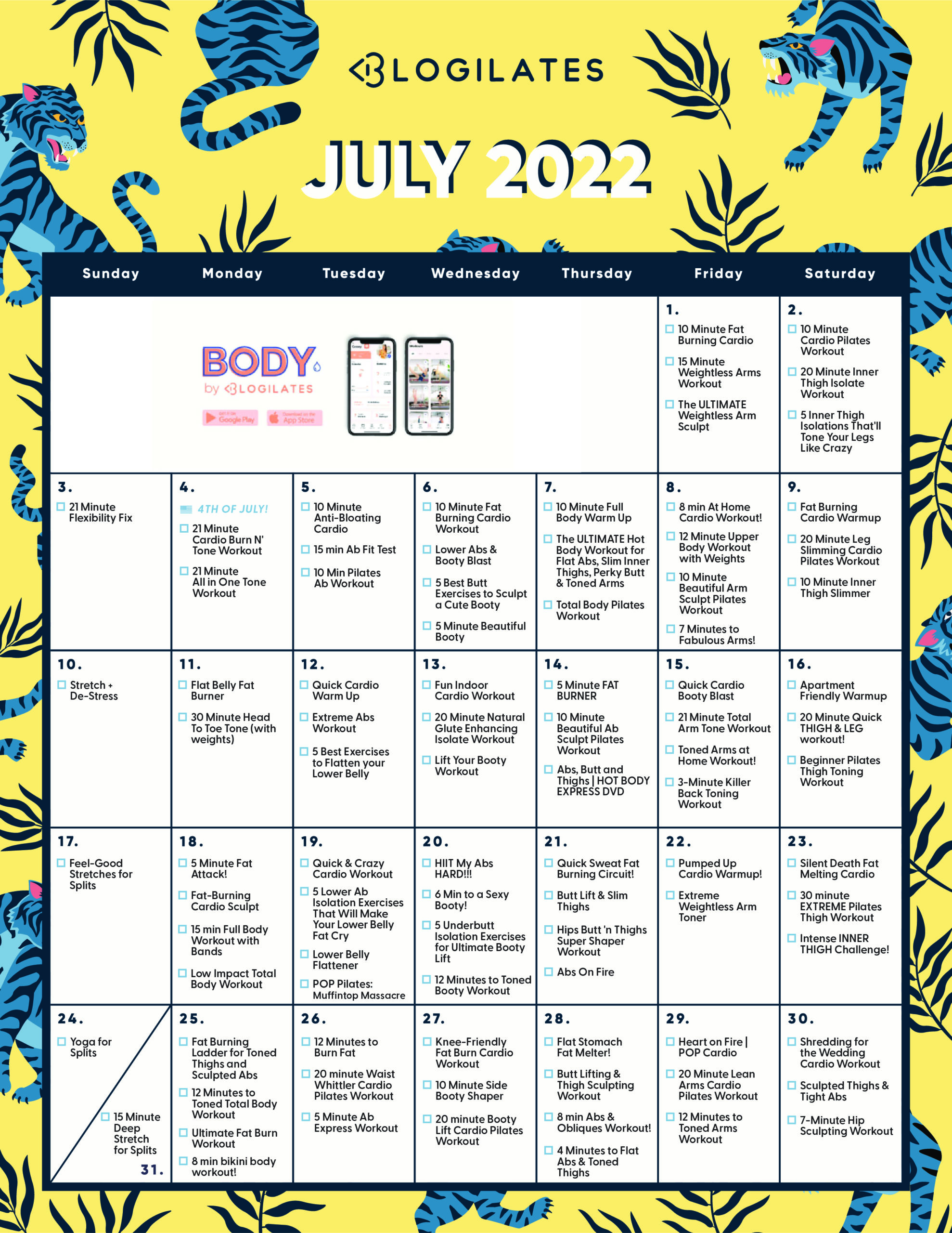 blogilates july 2022 workout calendar