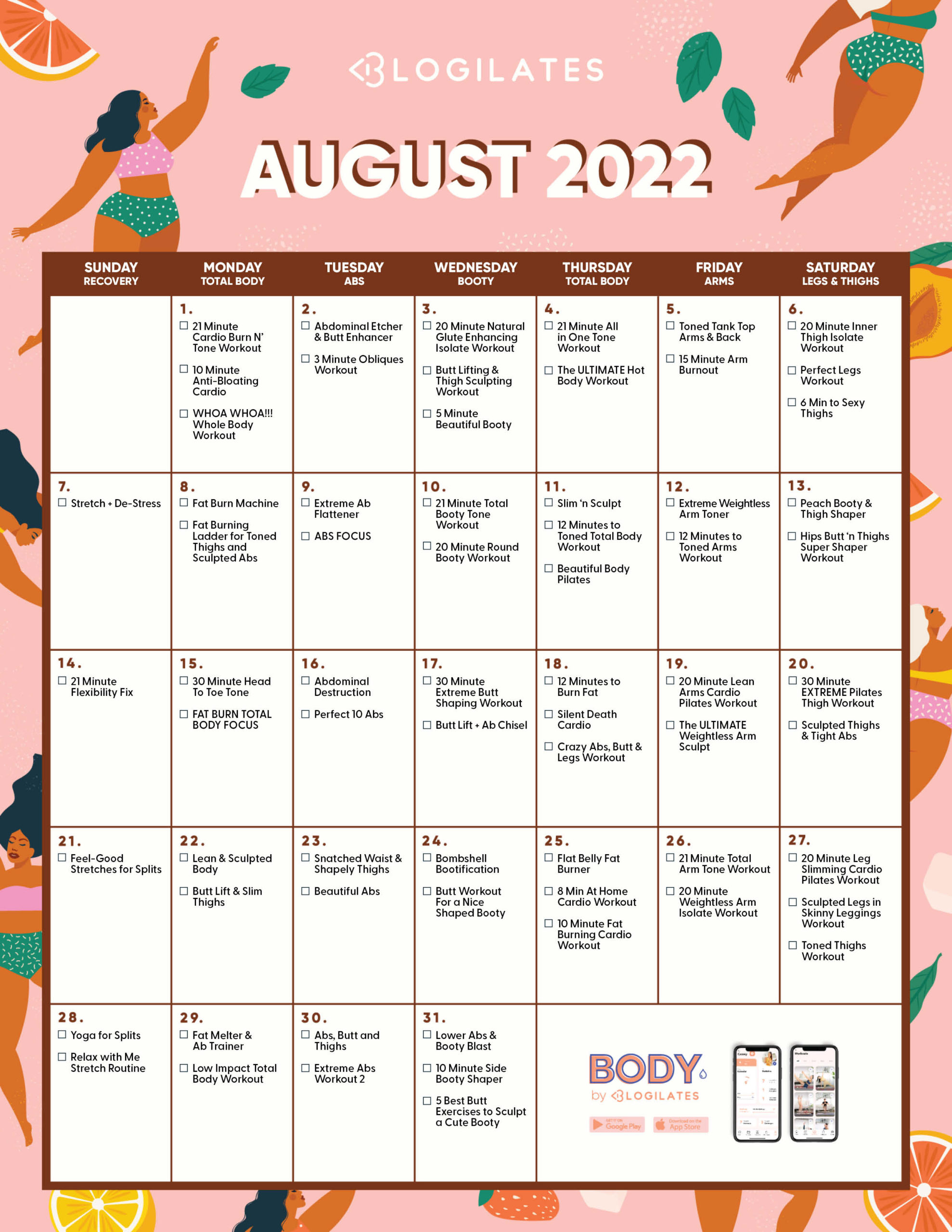blogilates august 2022 workout calendar