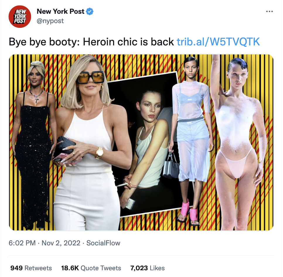 new york post tweet heroin chic body trend kim khloe kardashian kate moss miu miu bella hadid