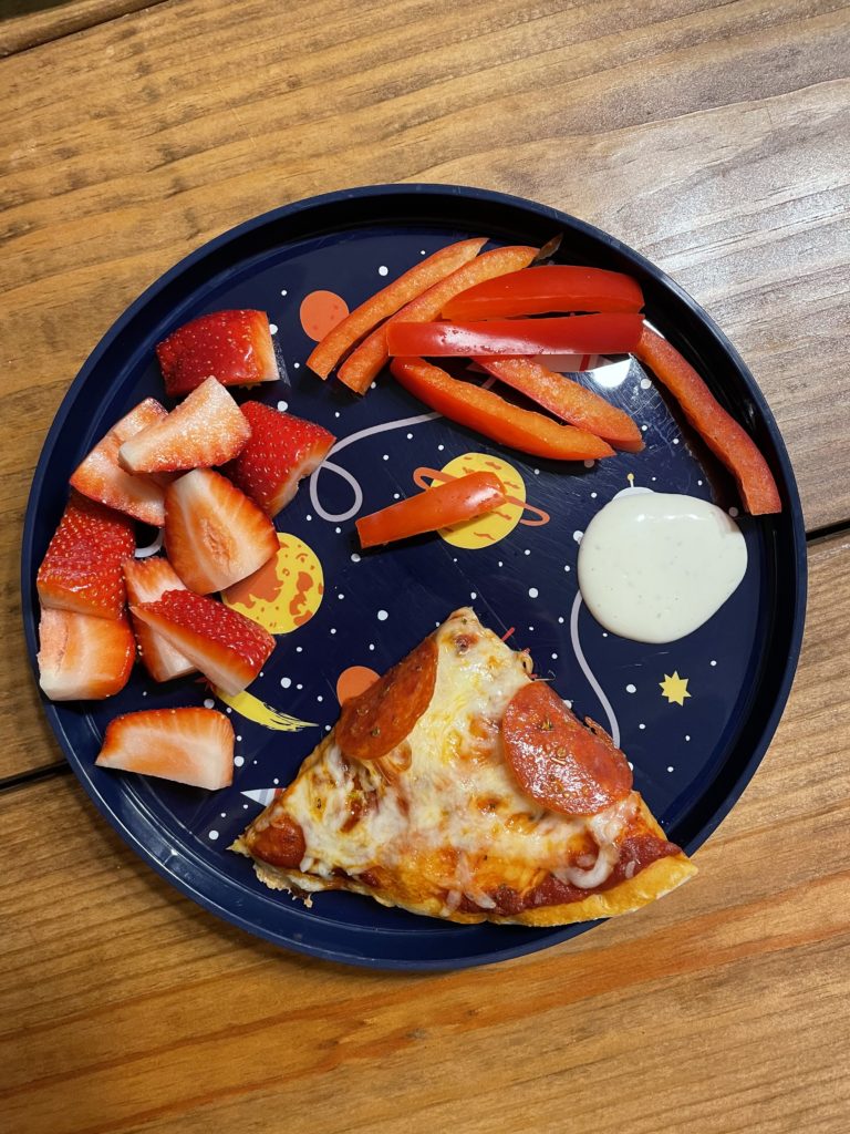 kids plate with homemade pizza veggies and fruit trader joe's essentials pizza dough