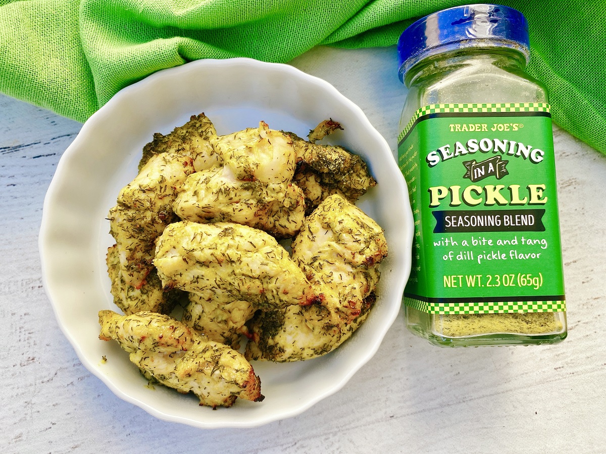 air fryer dill chicken bites with trader joe's in a pickle seasoning and dill pickle mustard