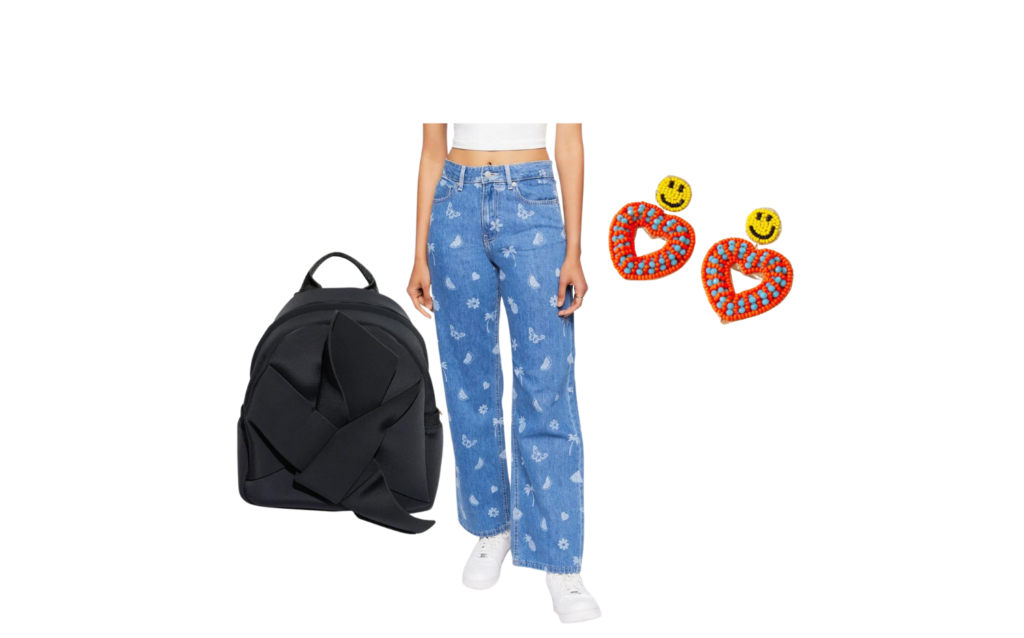kiddie core outfit idea printed jeans popflex mini backpack smiley face earrings aesthetic