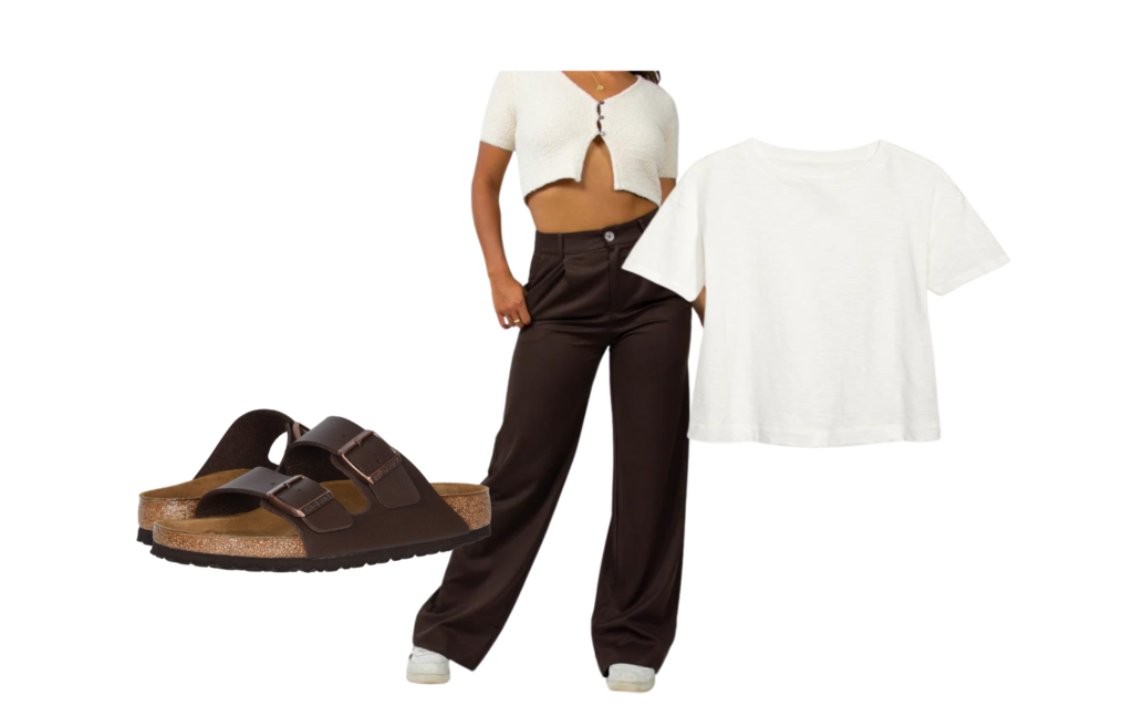 normcore aesthetic trend for fall 2022 trousers white tee birkenstock sandals
