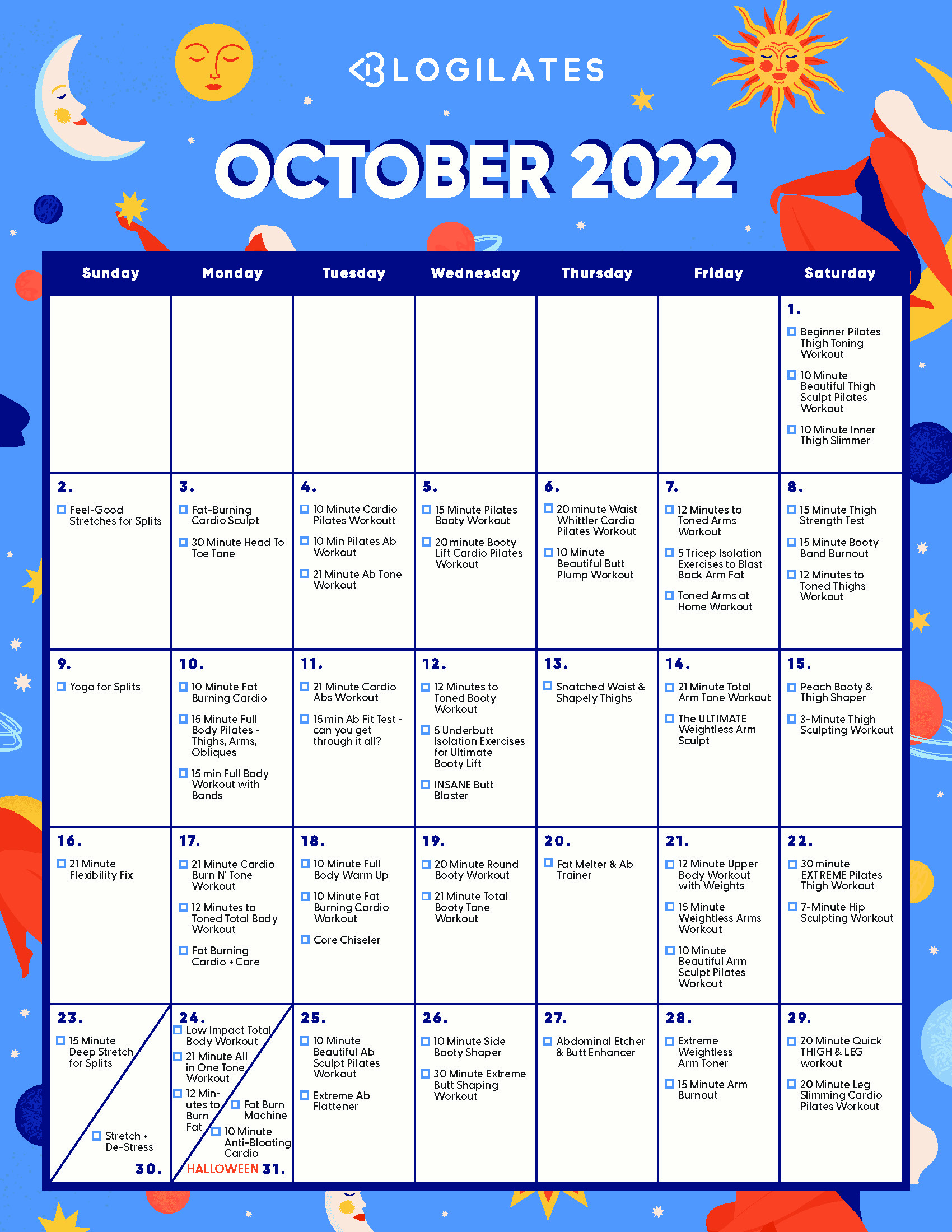 october workout calendar 2022 blogilates cassey ho