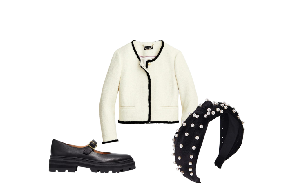 plazacore fall trends outfit ideas mary jane shoes pearl headband preppy jacket
