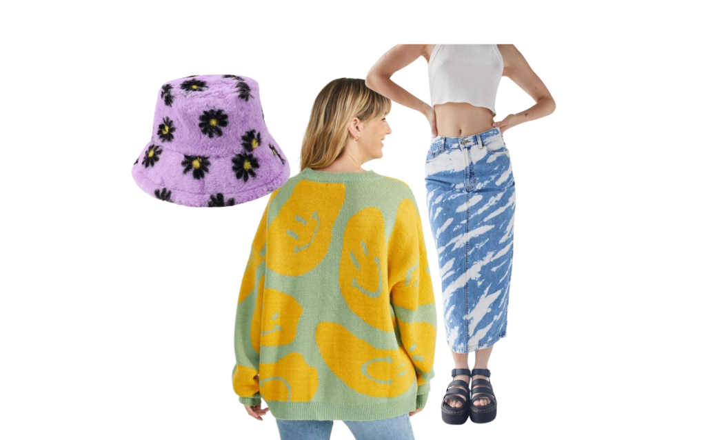 weird girl aesthetic outfit ideas colorful smiley sweater bleached denim skirt fur bucket hat