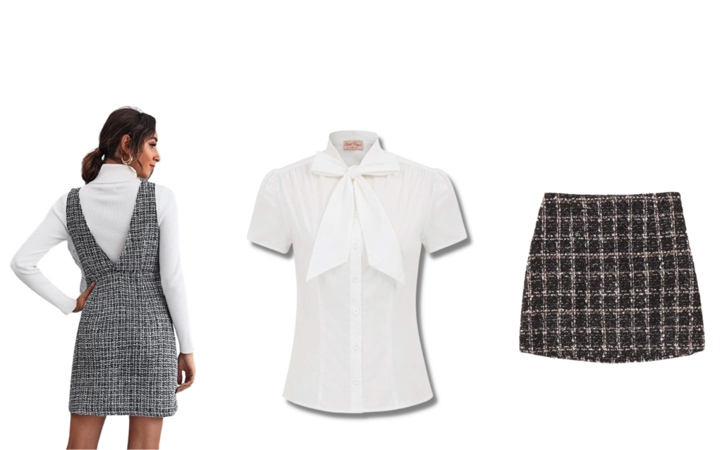 plazacore trend clothing picks plaid skirt white bow blouse v neck dress