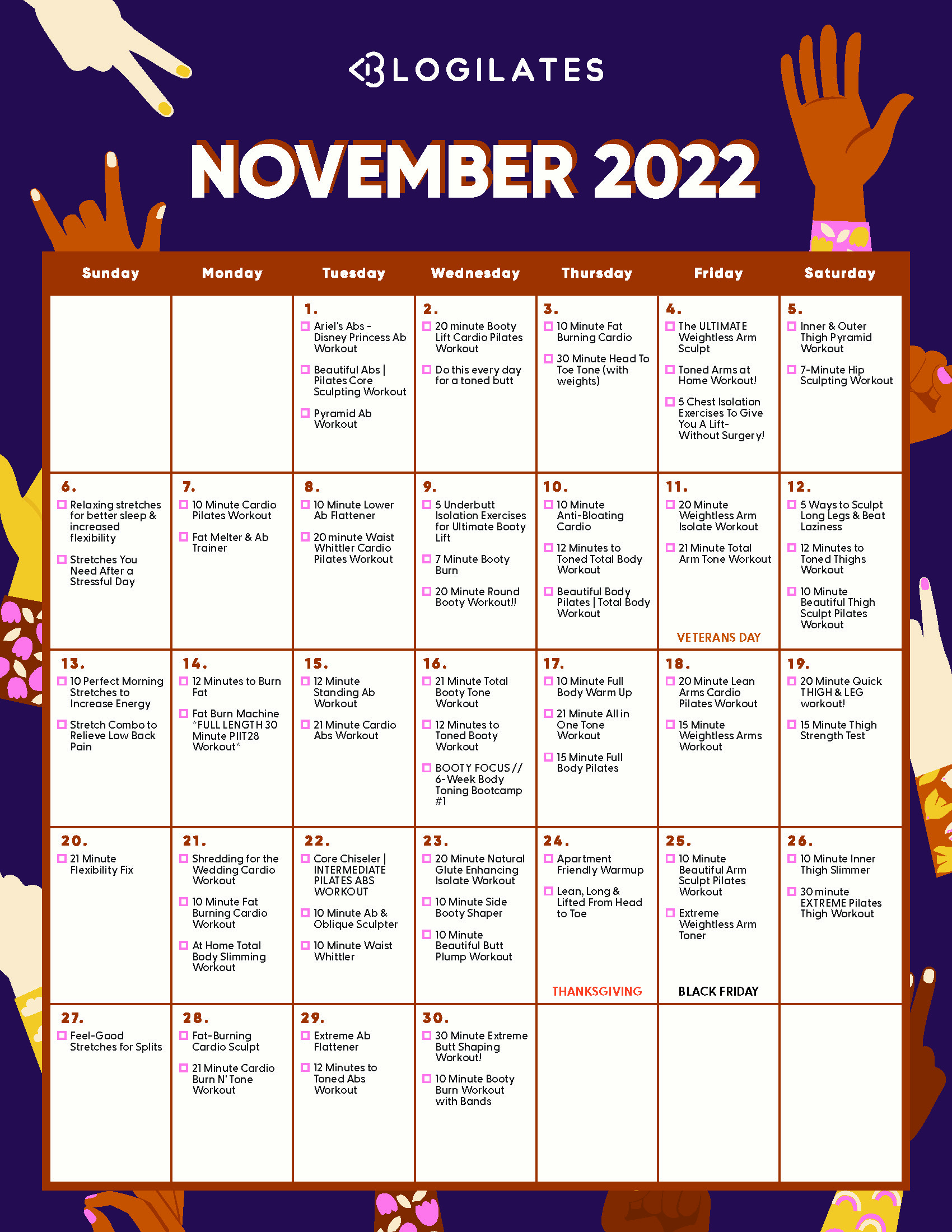 Blogilates November 2022 Workout Calendar