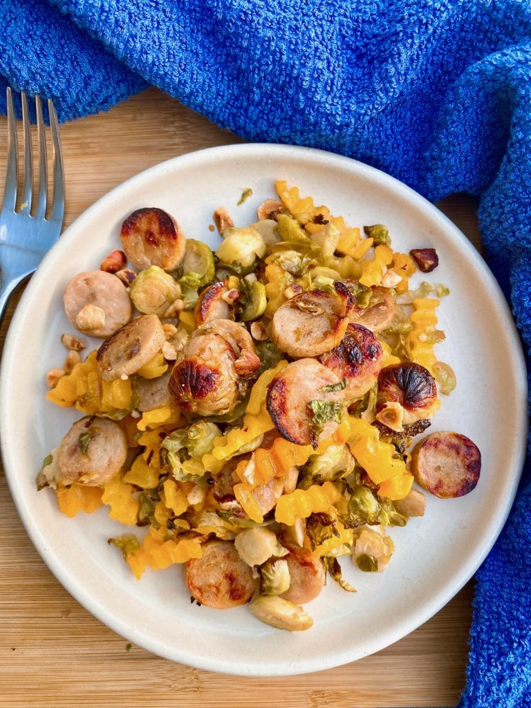 chicken sausage brussels sprouts butternut squash sheet pan dinner