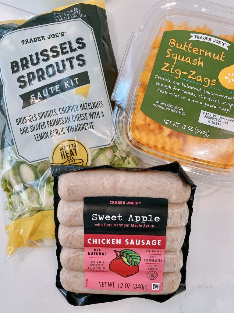 3-ingredient chicken sausage brussels sprouts butternut squash sheet pan meal ingredients