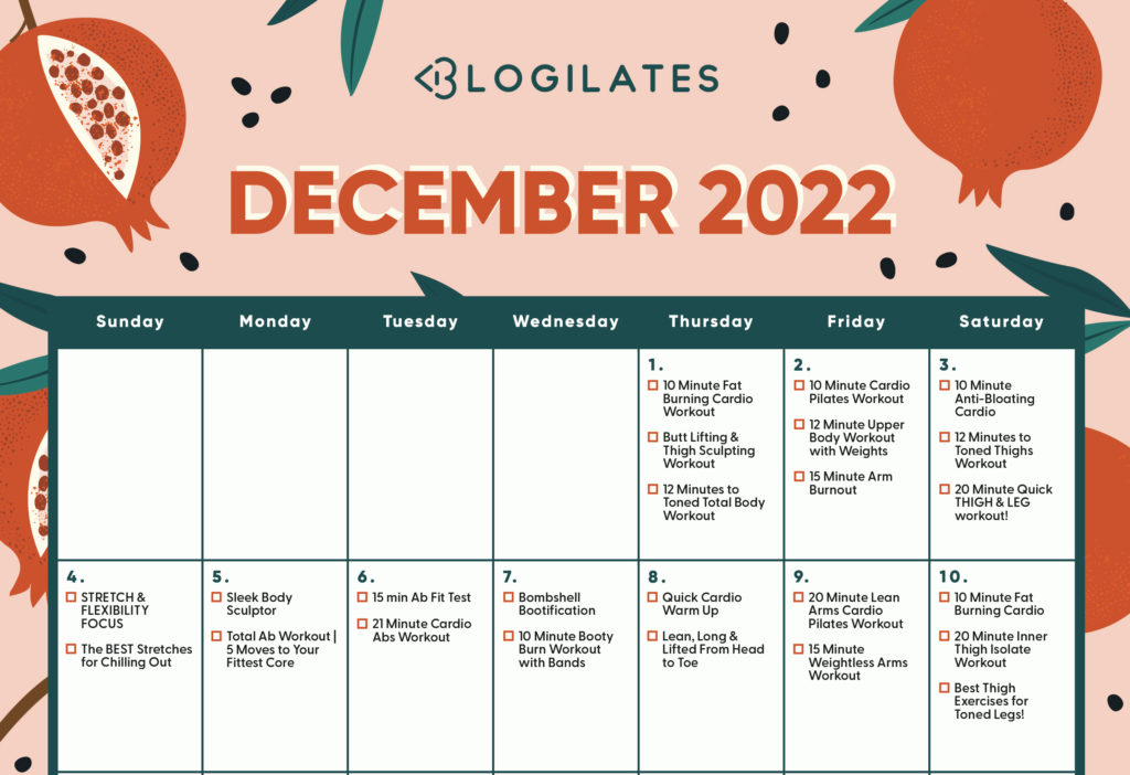blogilates December 2022 workout calendar preview