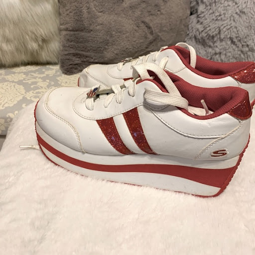 red and white athletic platform shoes