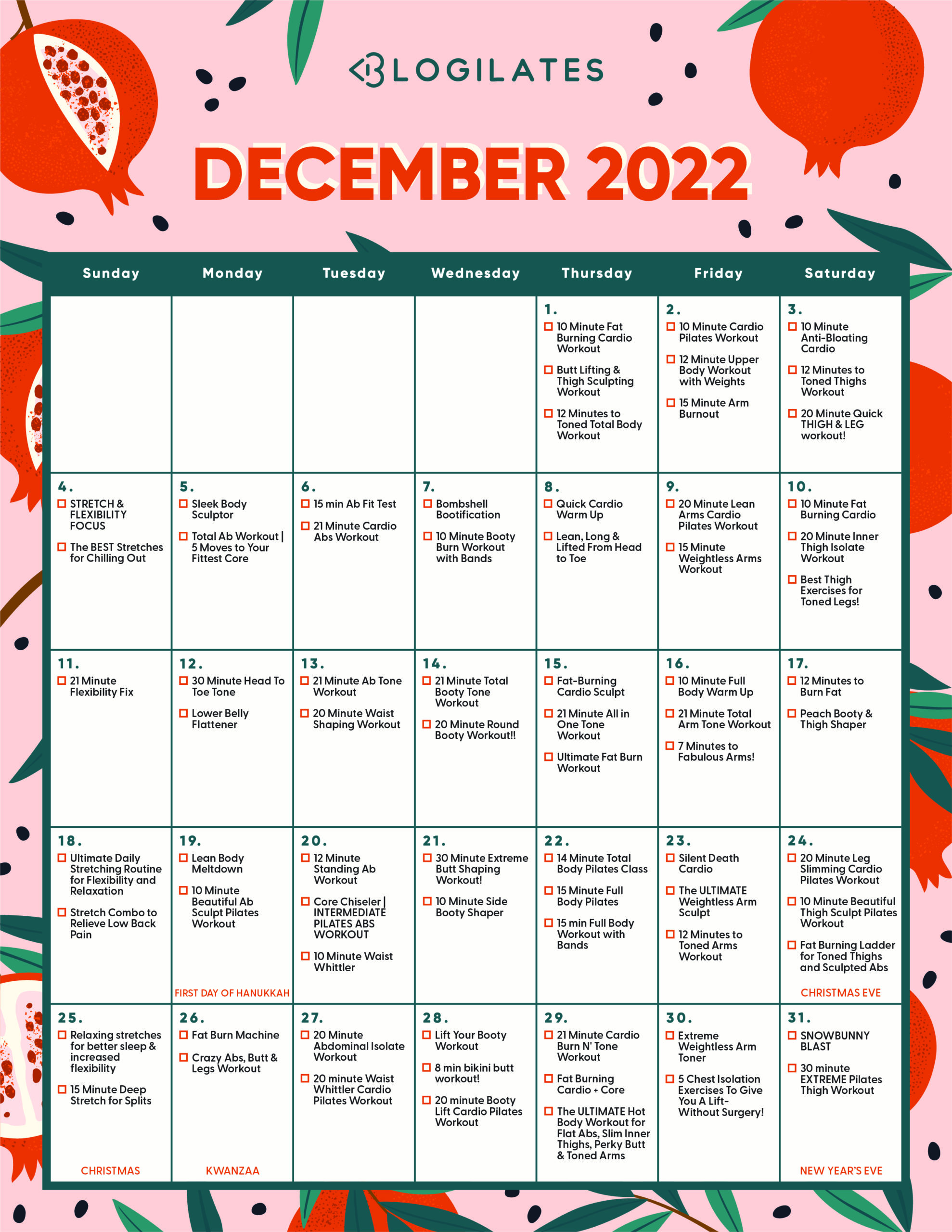 blogilates december 2022 workout calendar